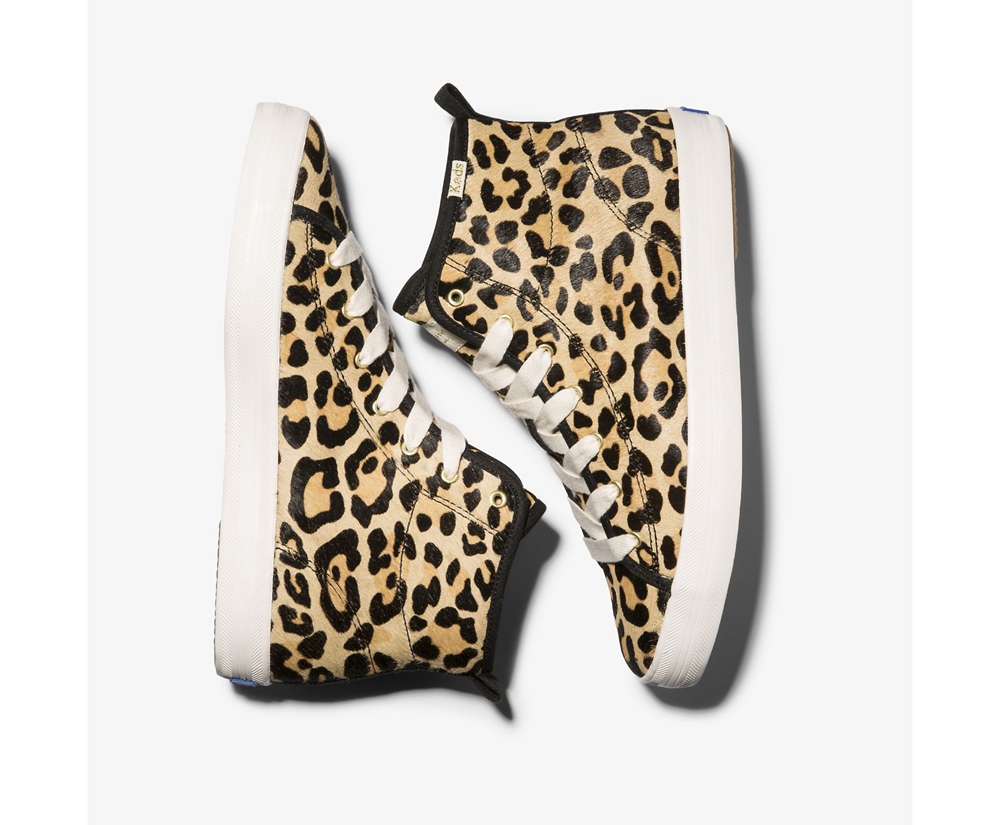 Πανινα Παπουτσια Γυναικεια - Keds Kate Spade New York Kickstart Hi Leopard Calf Hair - Καφε - FZAJQ7